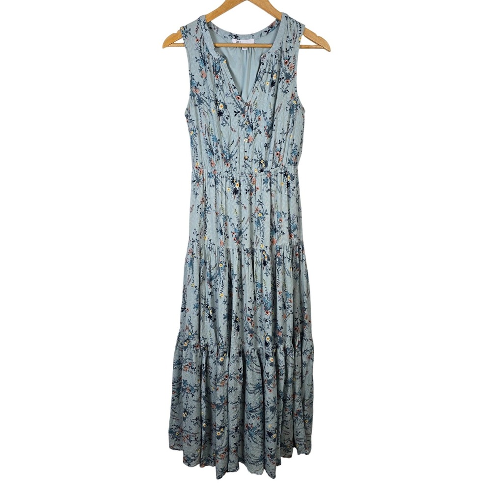 DR2 Women's Blue Floral Tiered Midi Dress Size S V-Neck Sleeveless